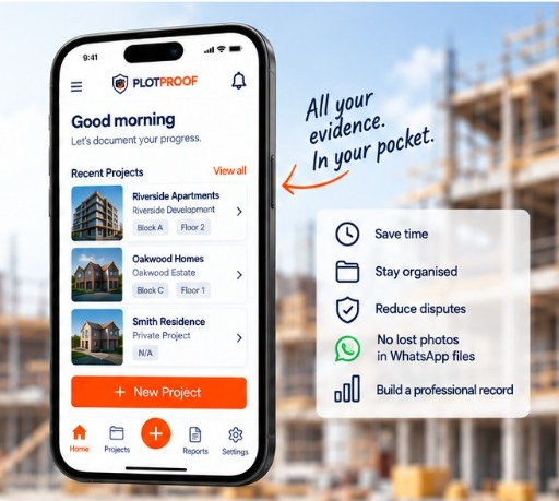 PlotProof mobile application interface on construction site